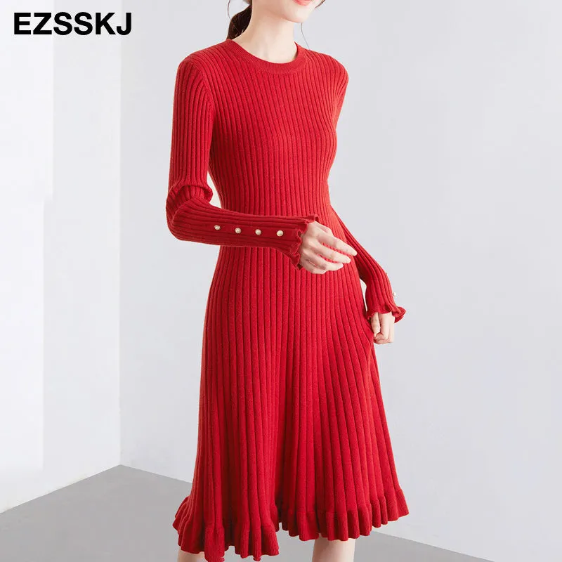 2021 Autumn Winter Thick Mermaid Sweater Dress Elegant Knit Trumpet Dress Women Slim Midi Dress Fema