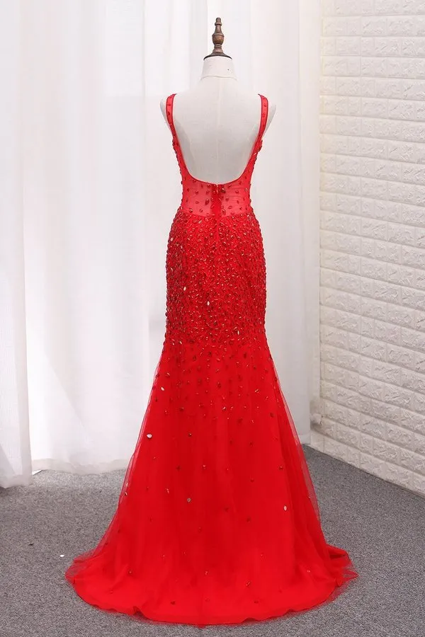 2024 Straps Mermaid Prom Dresses Tulle With P7CHHD1L