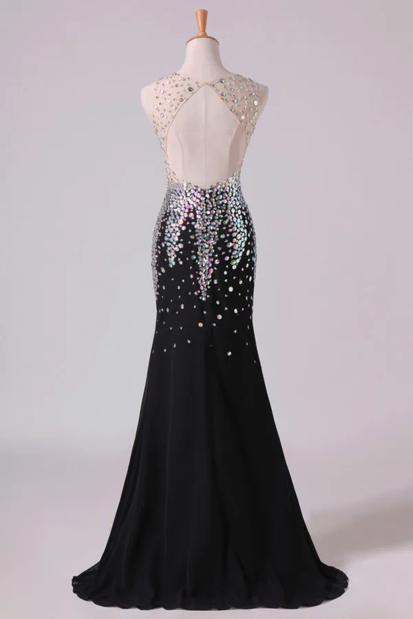 2024 V Neck Prom Dresses Mermaid Chiffon&Tulle Sweep Train With PCPJFXCB