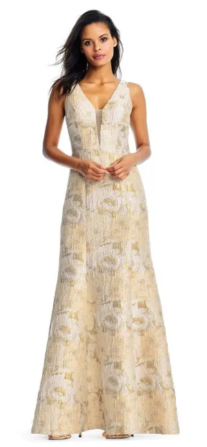 Aidan Mattox - MD1E202493 Floral Metallic Jacquard Deep V-neck Dress