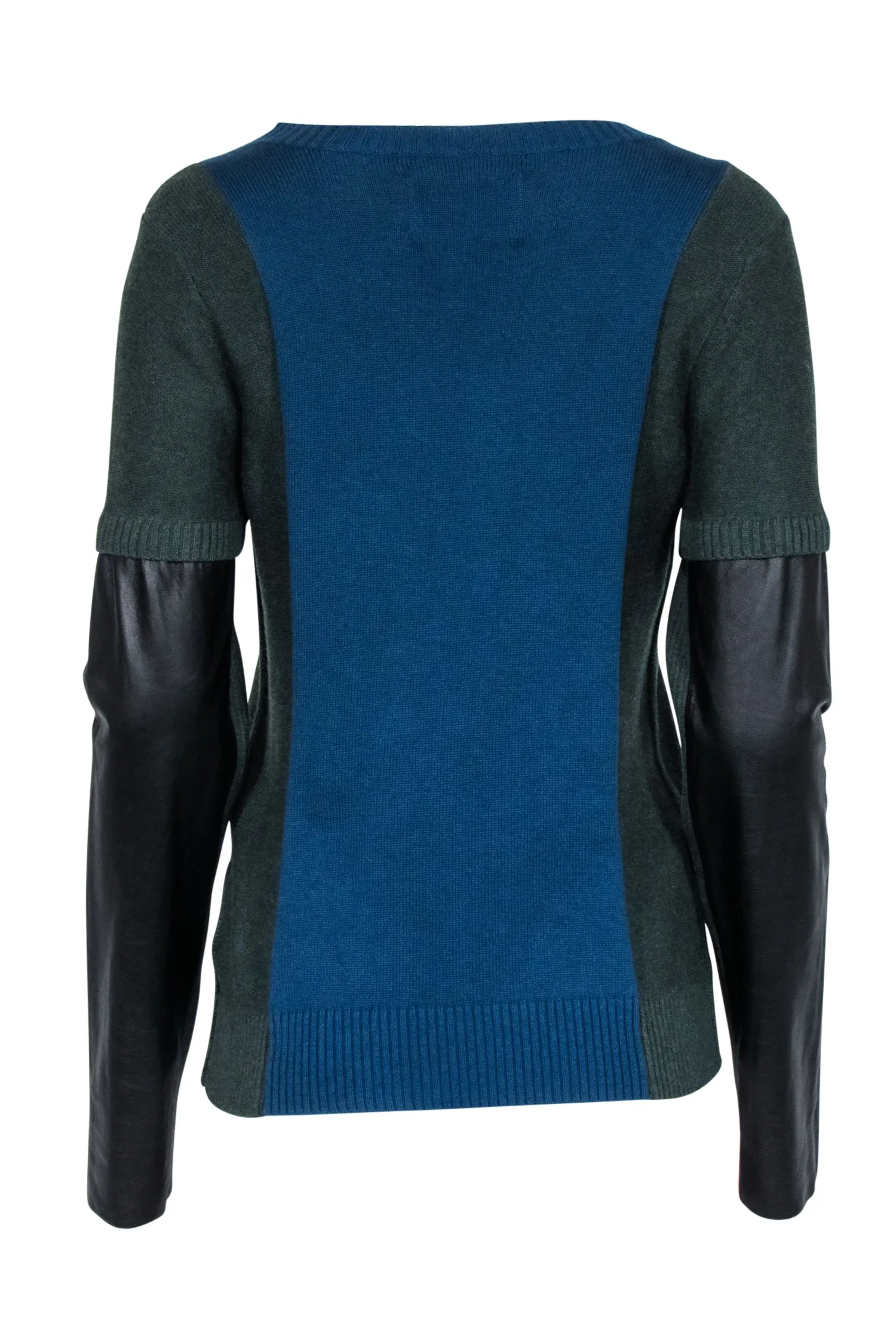 Aiko - Blue & Green Sweater w/ Leather Sleeve Detail Sz L