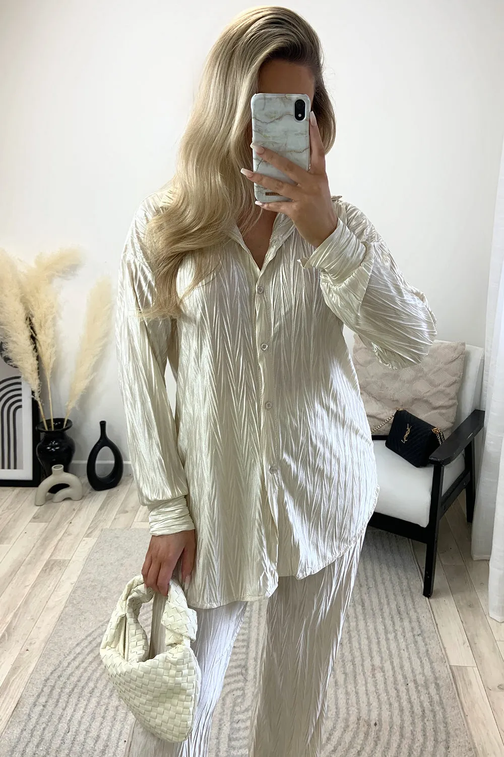 Amya Gold Textured Plisse Oversized Shirt and Trouser Co-Ord Set