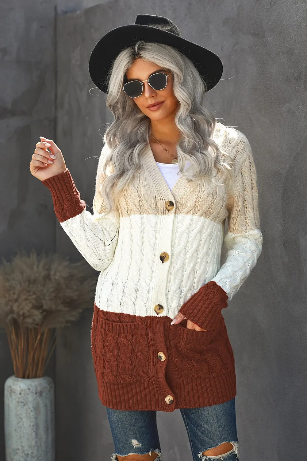 Apricot Red Colorblock Button Pocket Chunky Knit Cardigan