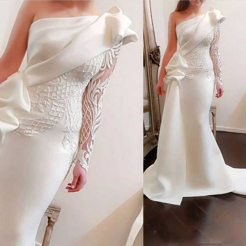 Arabic Mermaid Formal Evening Gowns with One Shoulder Long Sleeve Lace