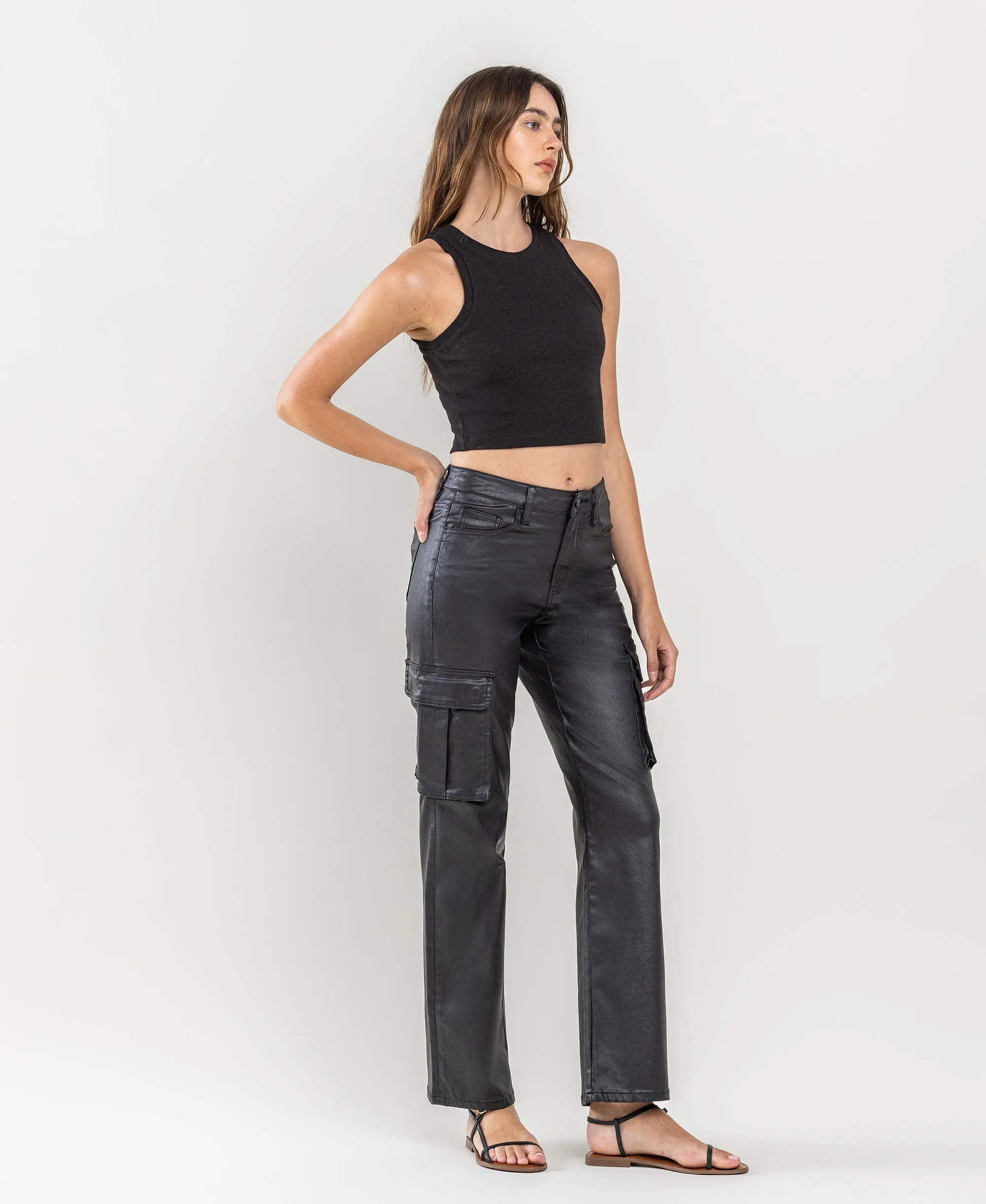 Astonished - High Rise Coated Cargo Straight Jeans