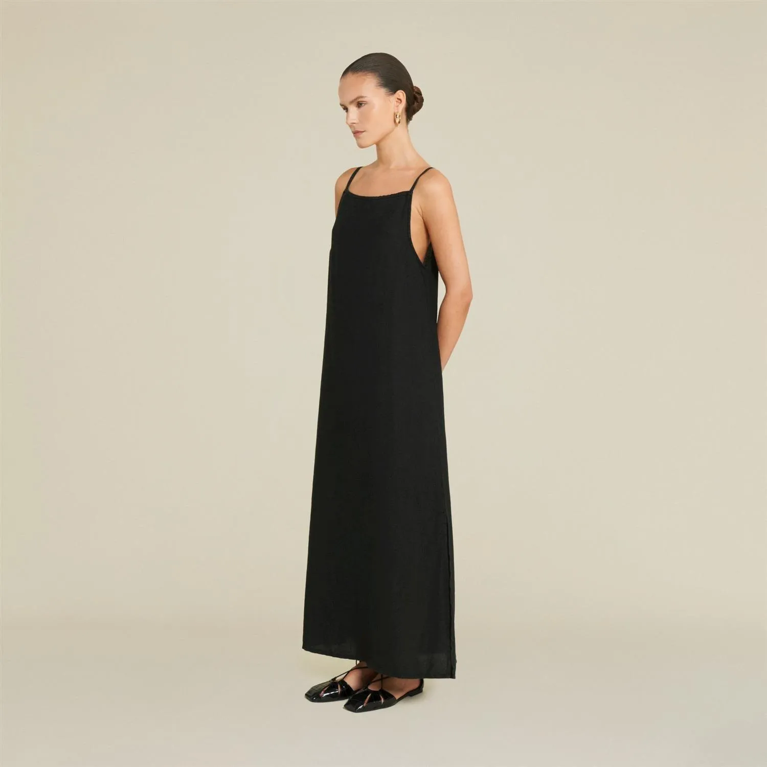 Aura Linen Slip Dress Black