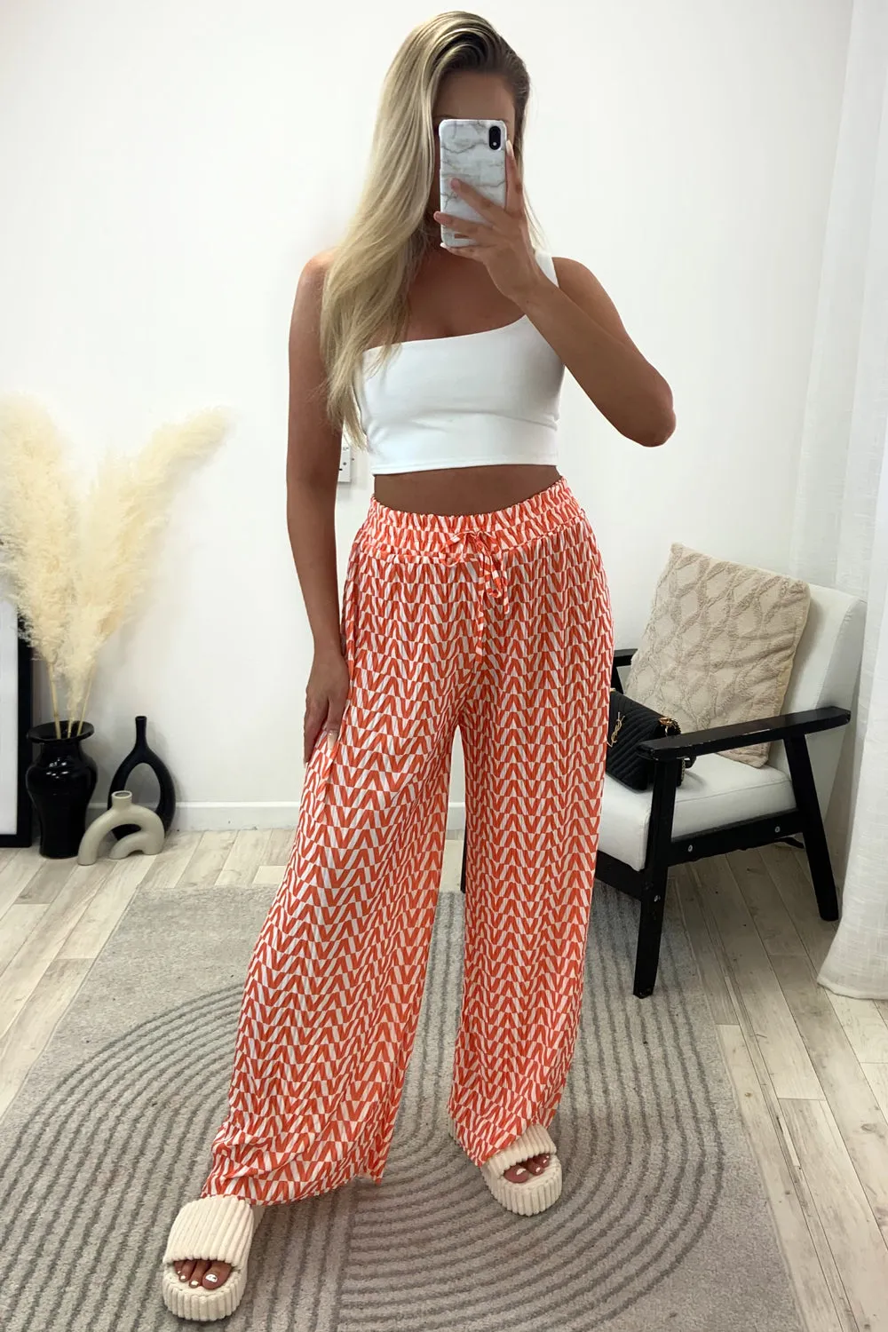 Avaa Orange and White Plisse Patterned Wide Leg Trousers