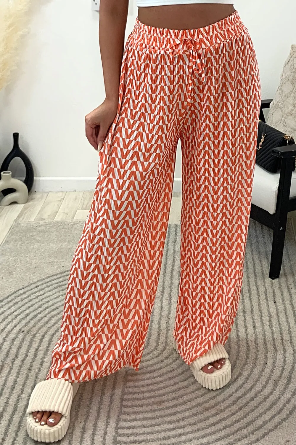 Avaa Orange and White Plisse Patterned Wide Leg Trousers