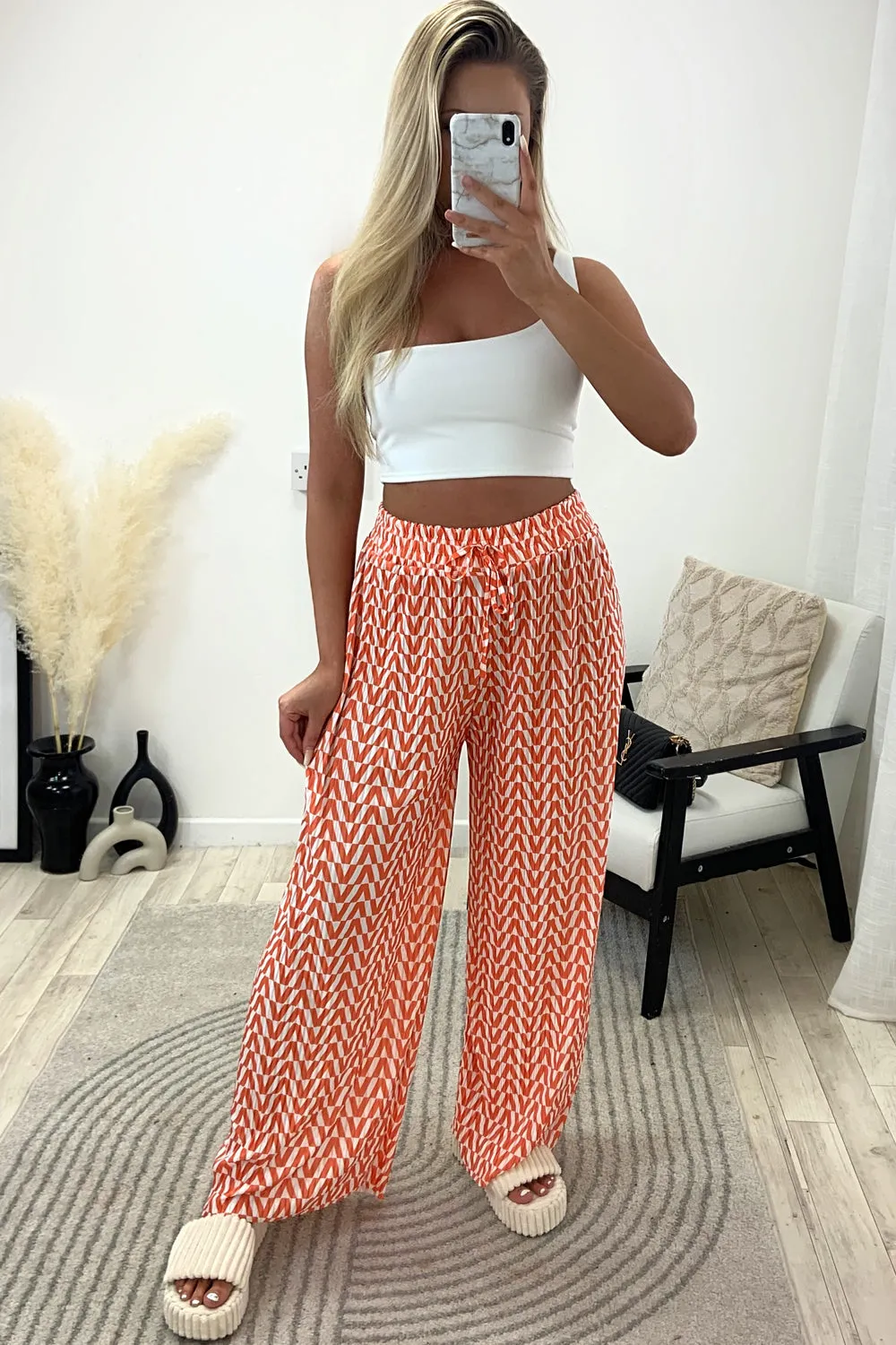 Avaa Orange and White Plisse Patterned Wide Leg Trousers