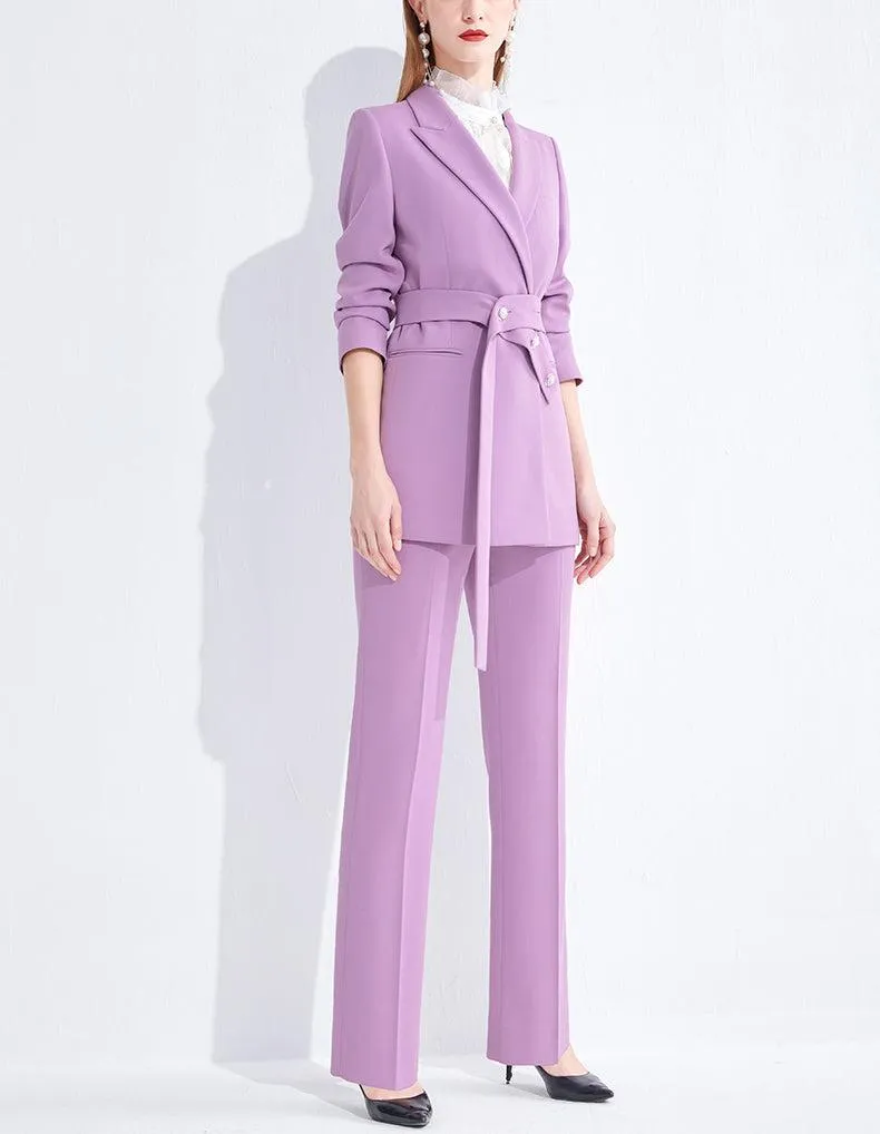 Beaded Belt Light Purple Blazer & Straight Leg Pants