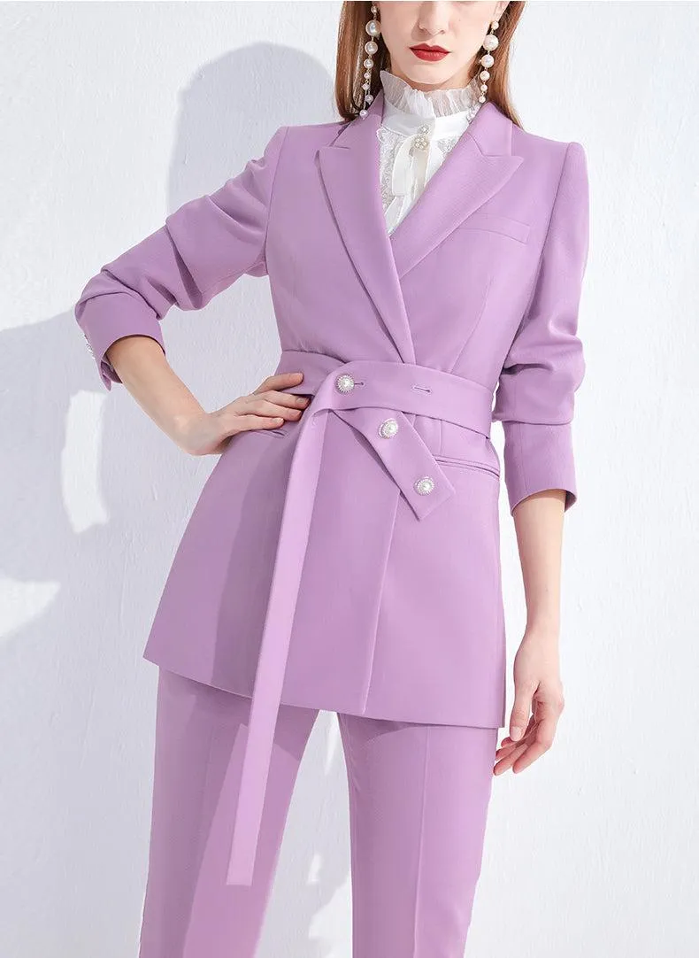 Beaded Belt Light Purple Blazer & Straight Leg Pants