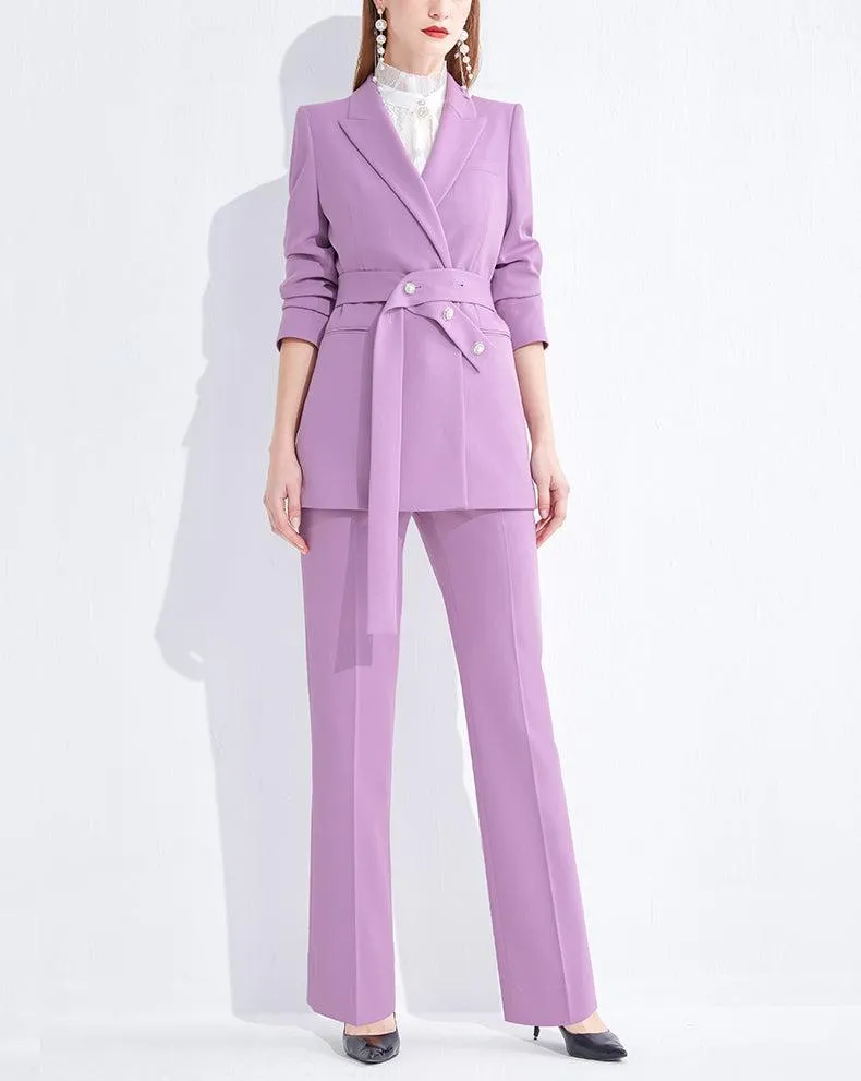 Beaded Belt Light Purple Blazer & Straight Leg Pants