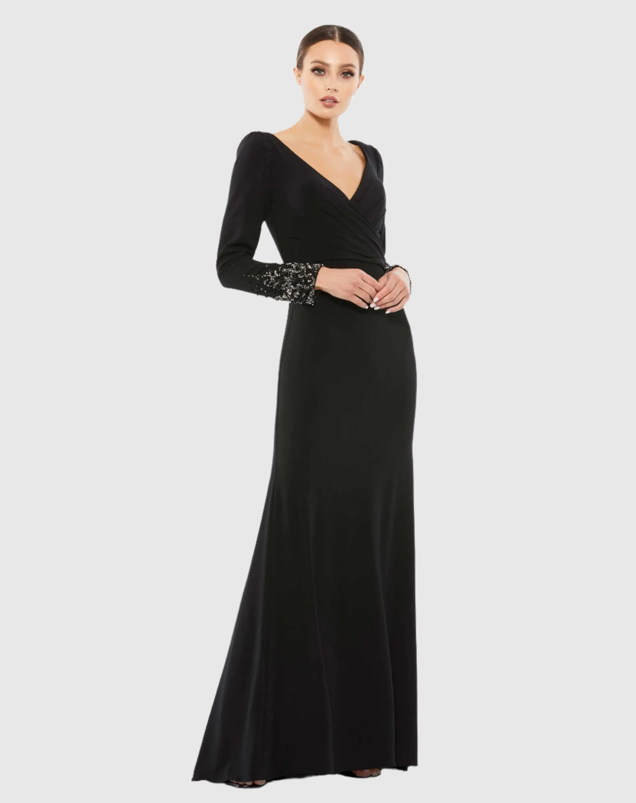 Beaded Cuff Long Sleeve Wrap Over Trumpet Gown