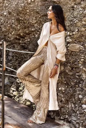 Beige Wide Leg Sequin Flared Pants