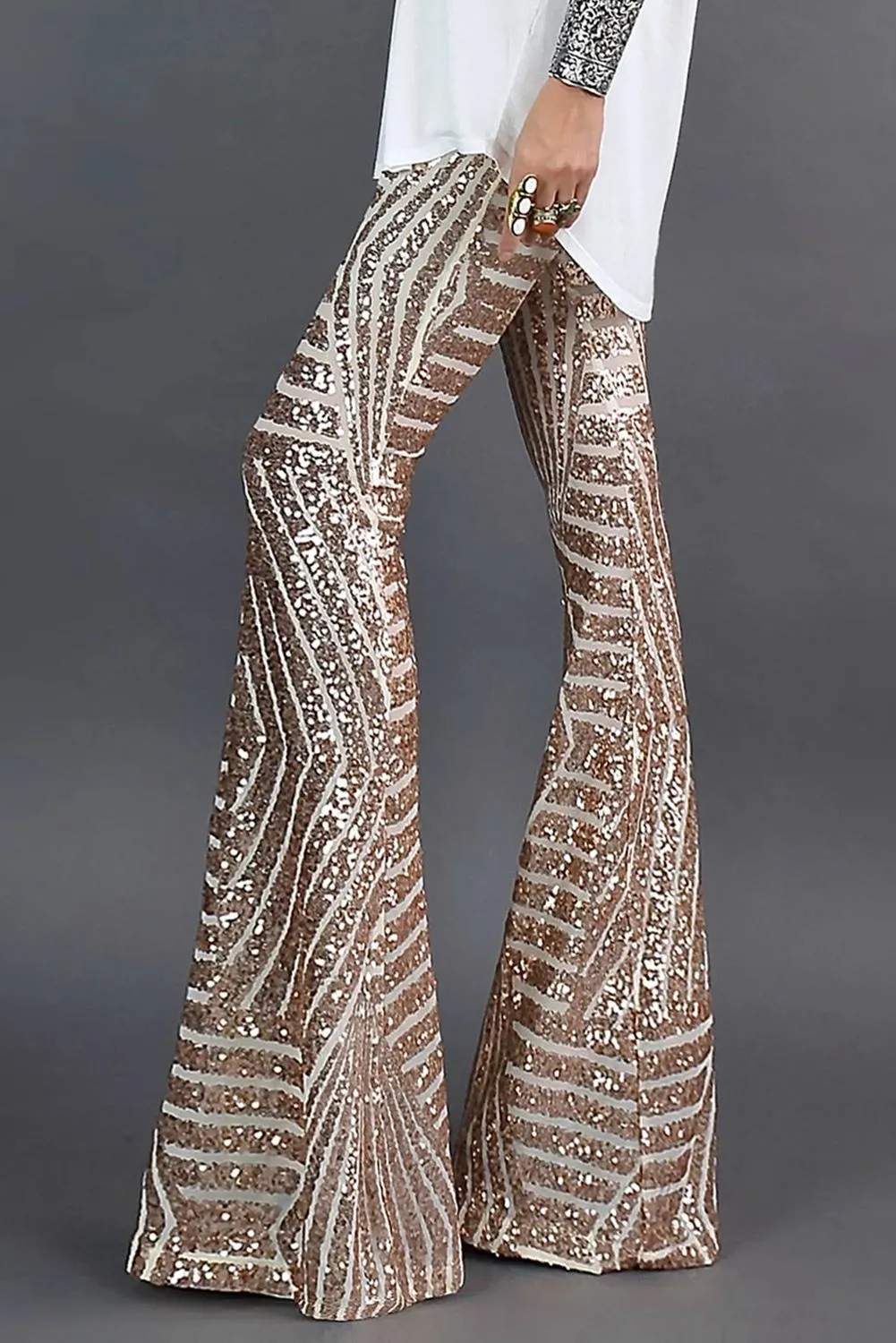 Beige Wide Leg Sequin Flared Pants