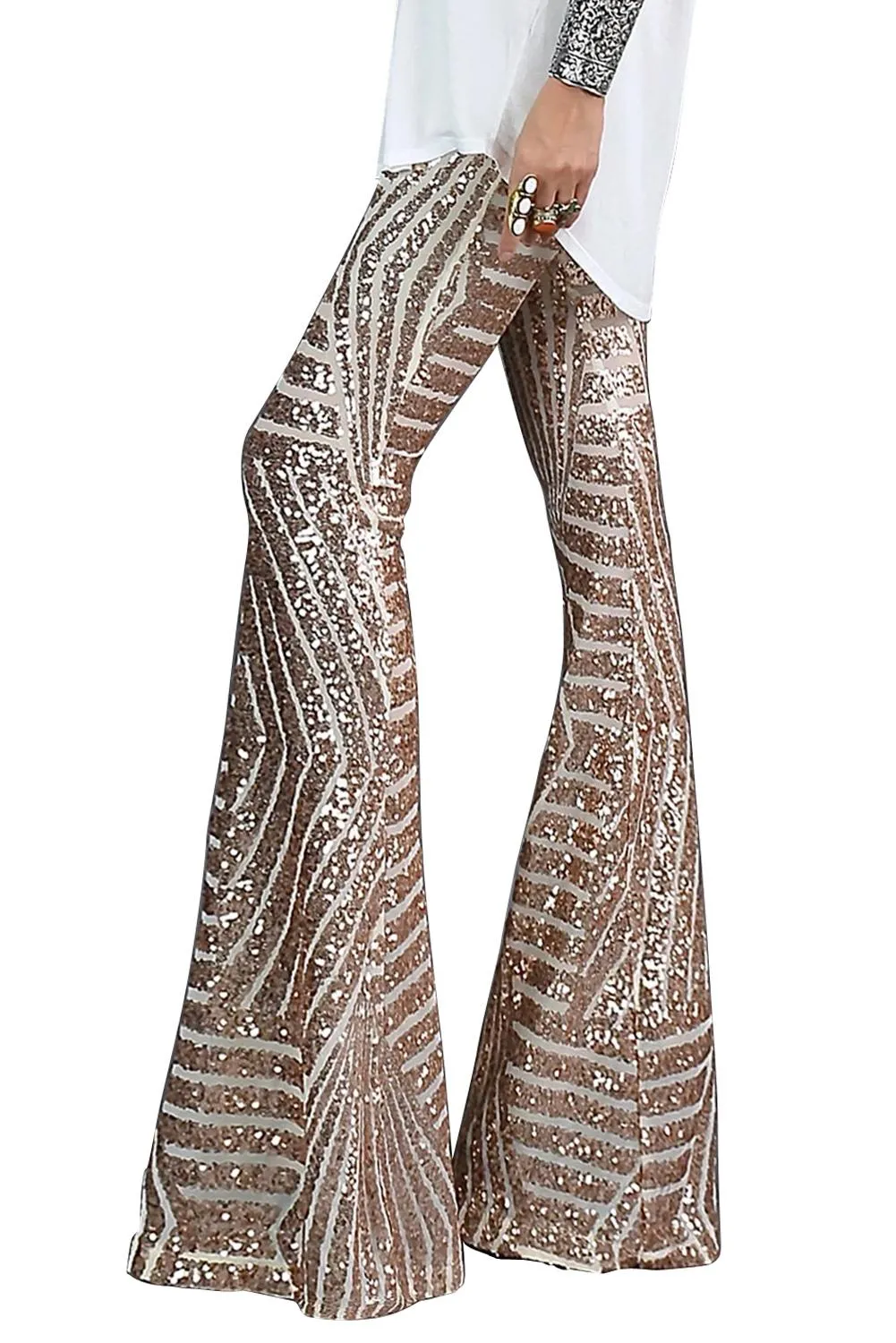 Beige Wide Leg Sequin Flared Pants