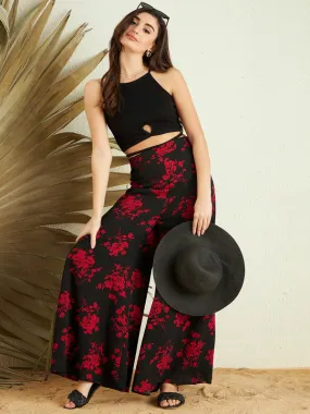 Berrylush Women Black & Red Floral Printed High-Rise Waist Slip-On Wide-Leg Regular Culottes Trousers