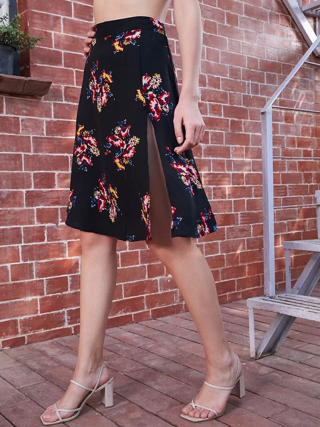 Berrylush Women Black Floral Printed High-Rise Waist Thigh-High Slit Flared A-Line Midi Skirt