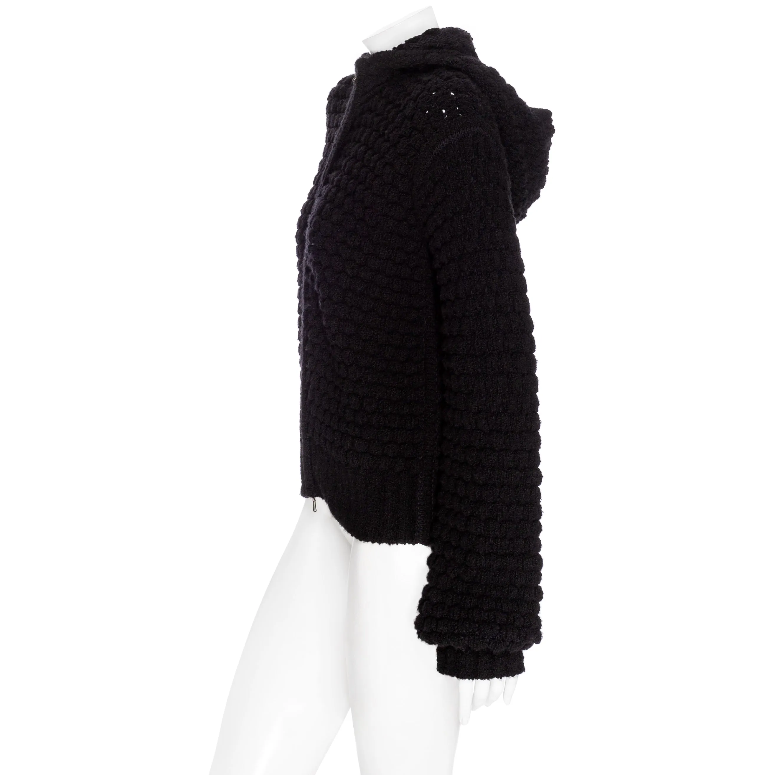 Black Cashmere-Cotton Bubble Knit Hooded Sweater