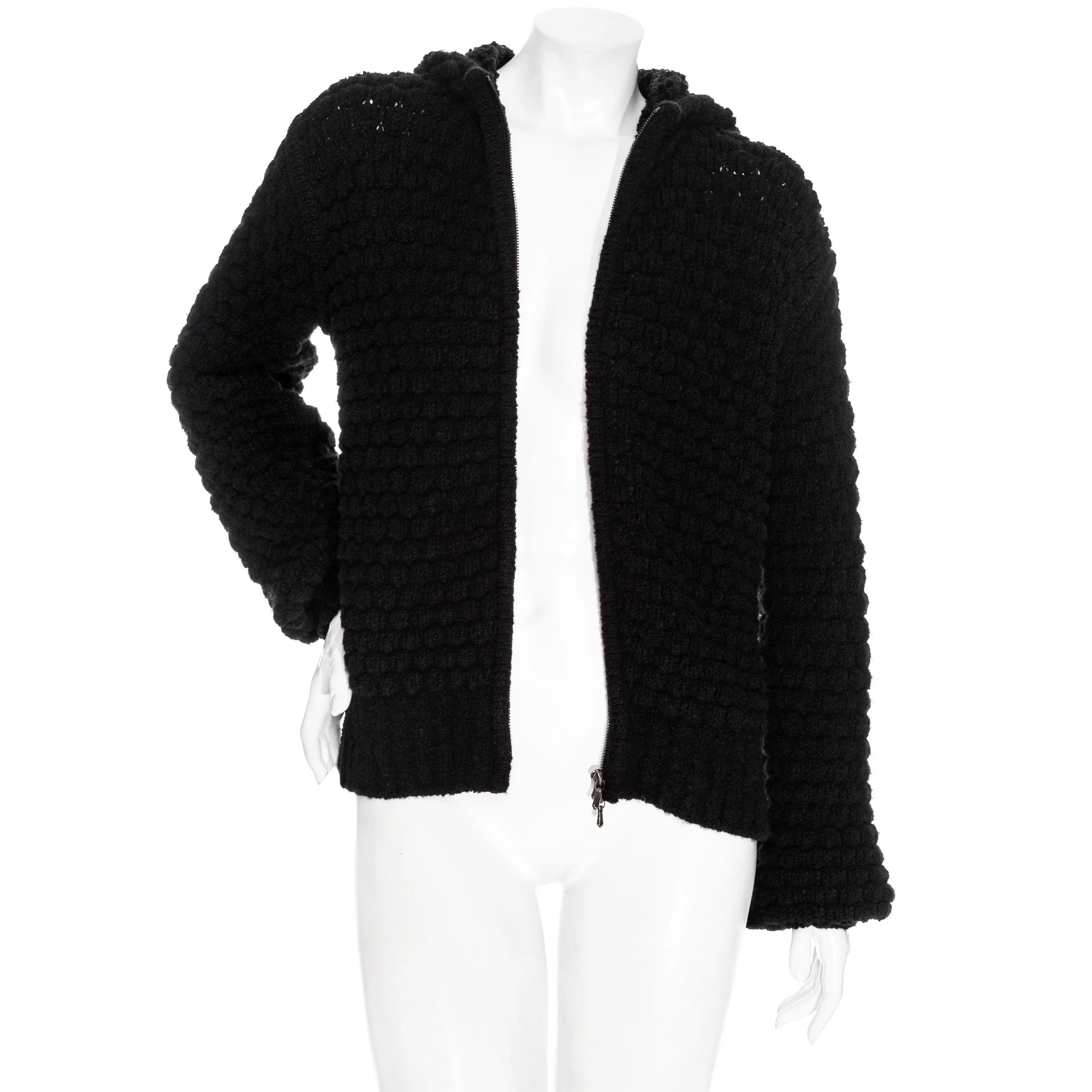 Black Cashmere-Cotton Bubble Knit Hooded Sweater