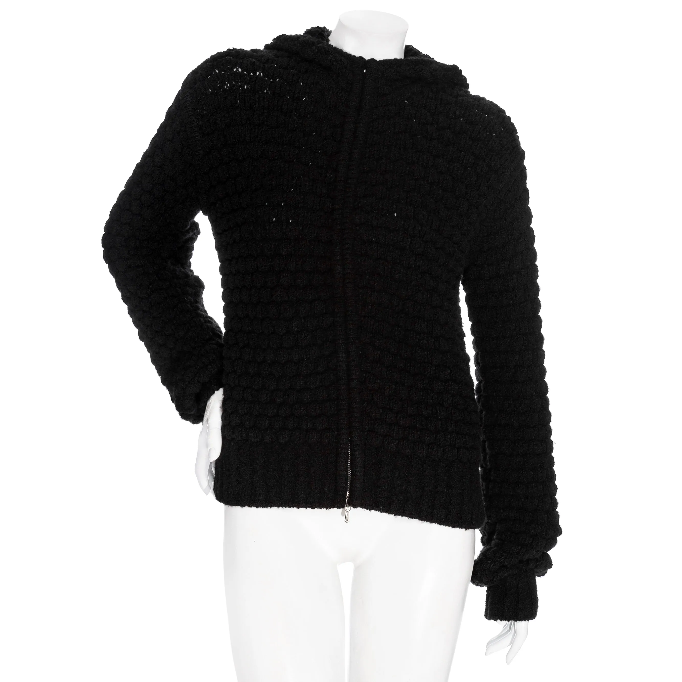 Black Cashmere-Cotton Bubble Knit Hooded Sweater