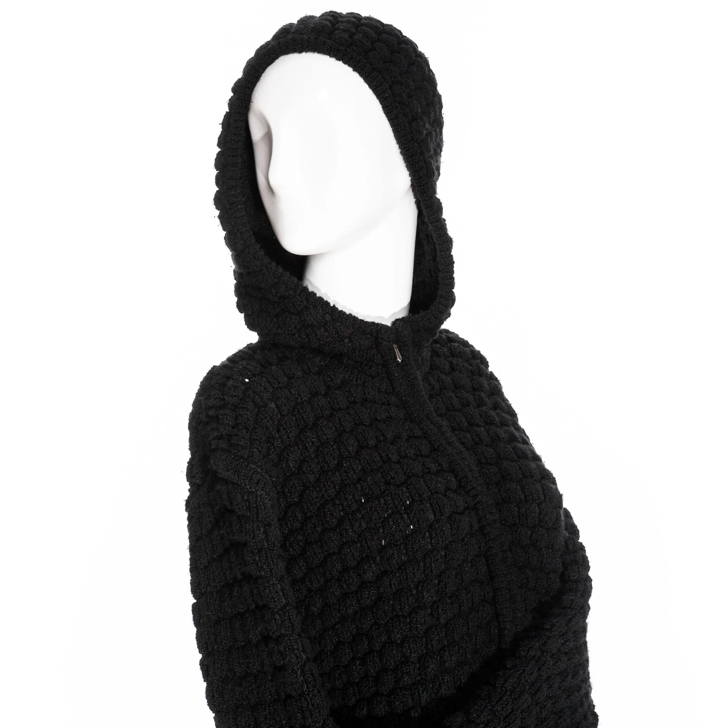 Black Cashmere-Cotton Bubble Knit Hooded Sweater