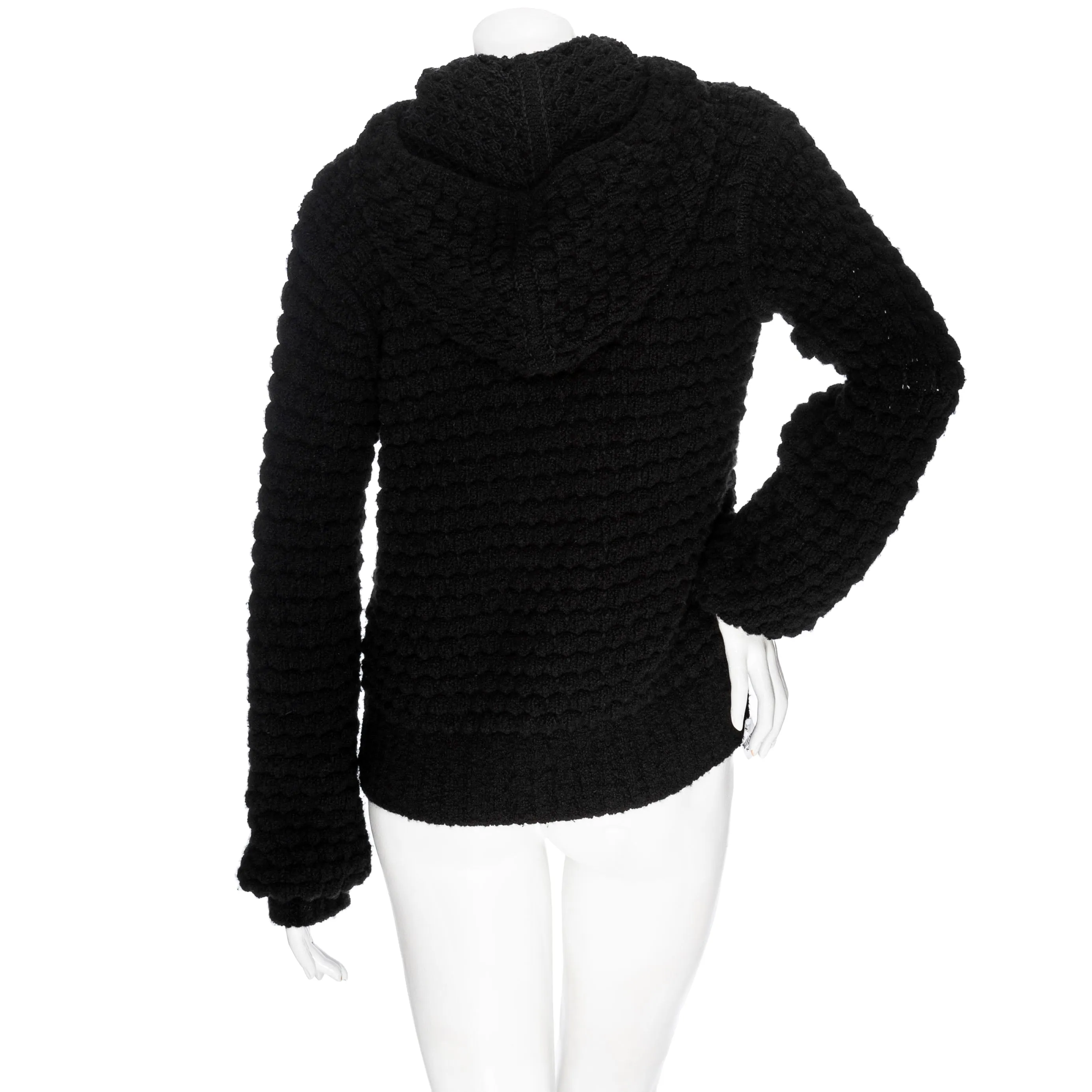 Black Cashmere-Cotton Bubble Knit Hooded Sweater