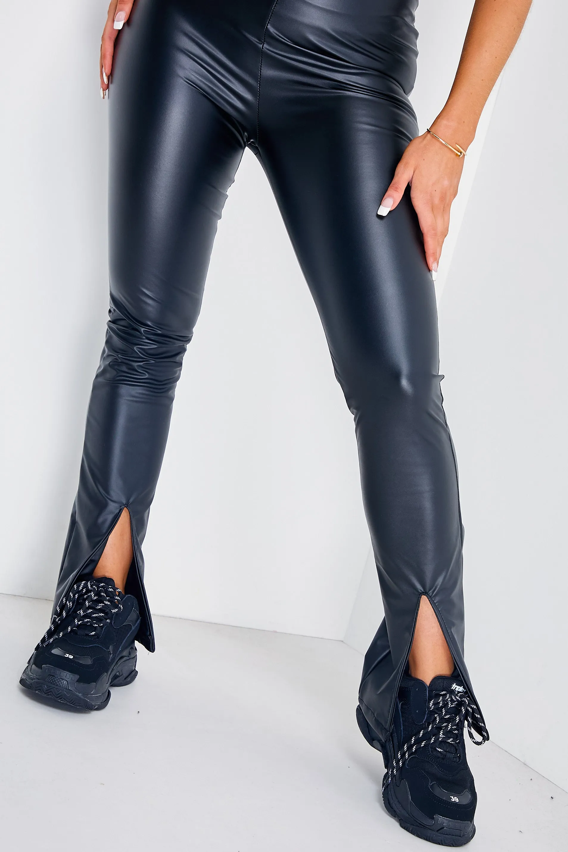 Black Faux Leather PU Split Hem Trousers