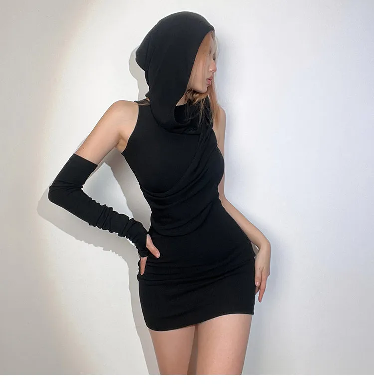 black hooded dress  KF70047