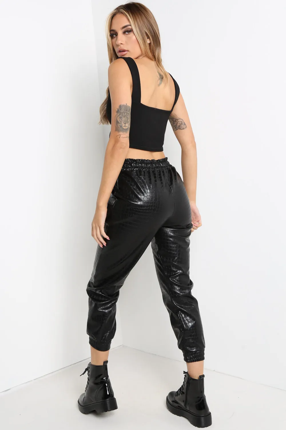 Black Snake Print Faux Leather Joggers