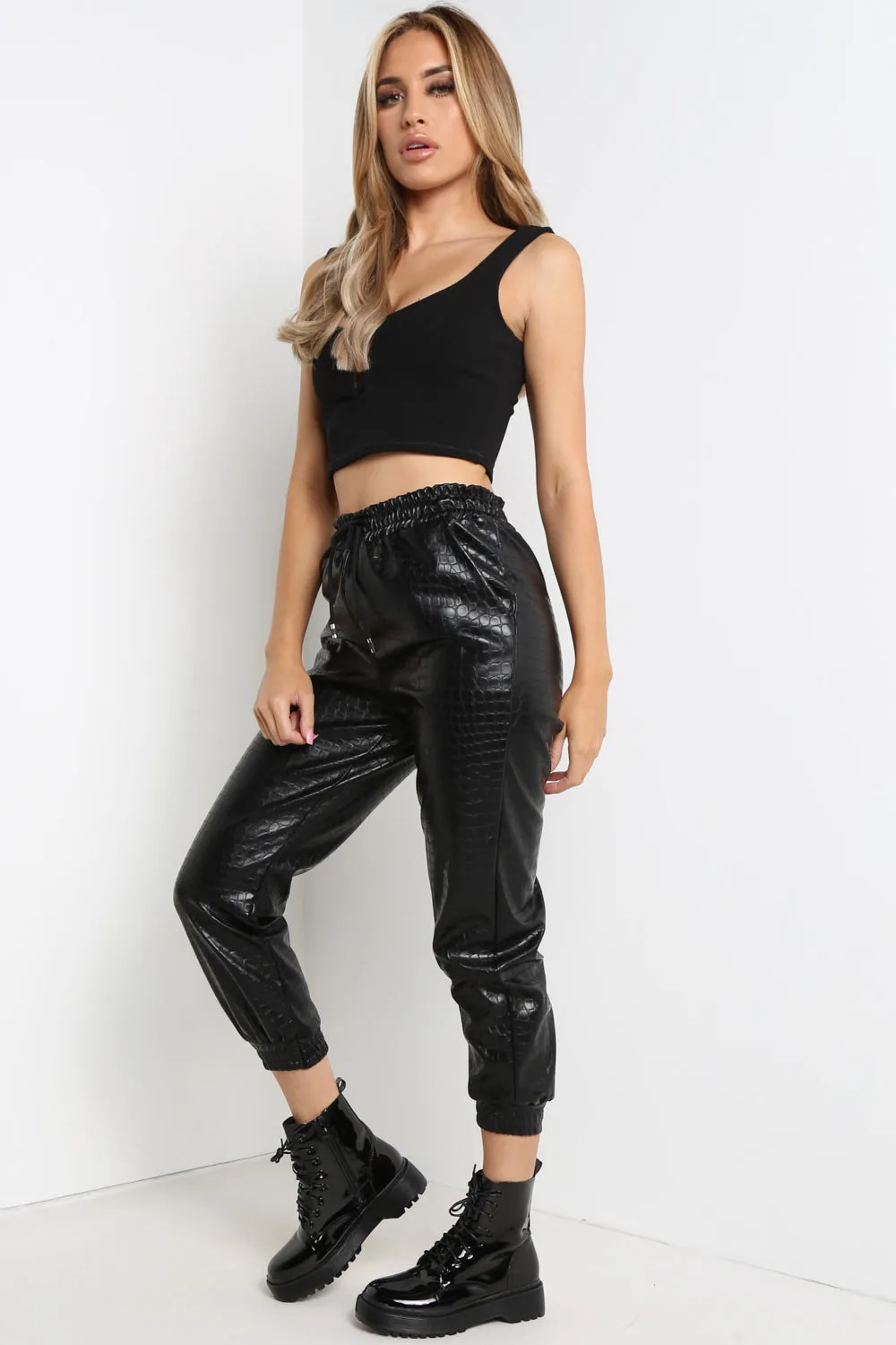 Black Snake Print Faux Leather Joggers