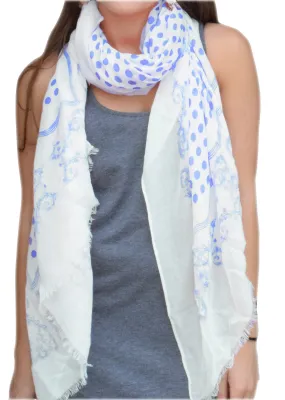 Blue Polka Dot Paisley Bordered Eyelash Fringe All Season Scarf