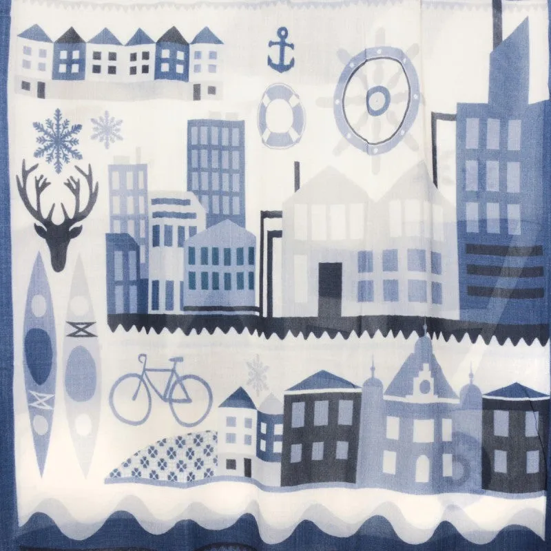 Blue White Scandi Print Umea Men's Wool Scarf