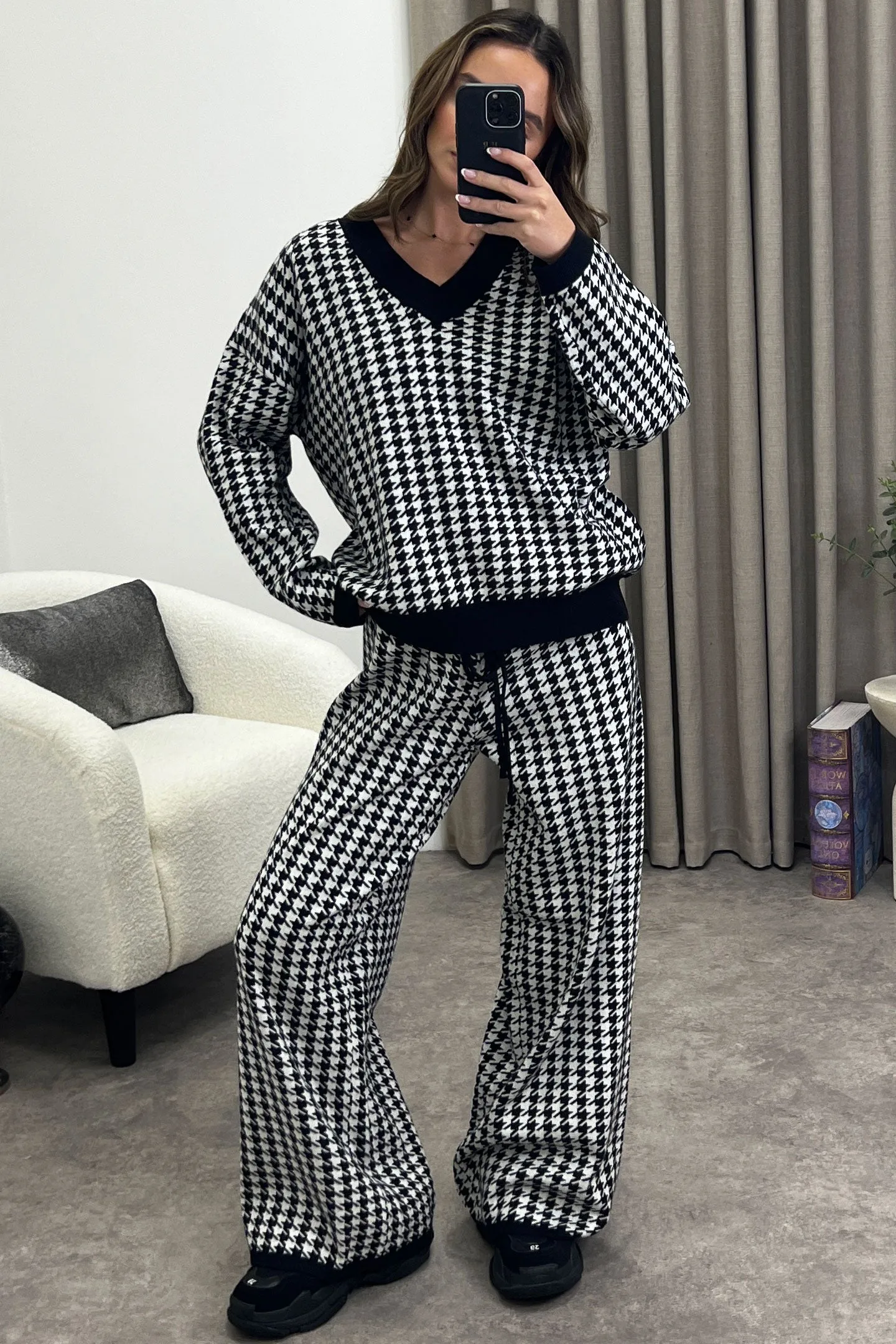 Bobby Black and White Houndstooth Print Oversized Jumper and Trousers Knit Co-Ord Set