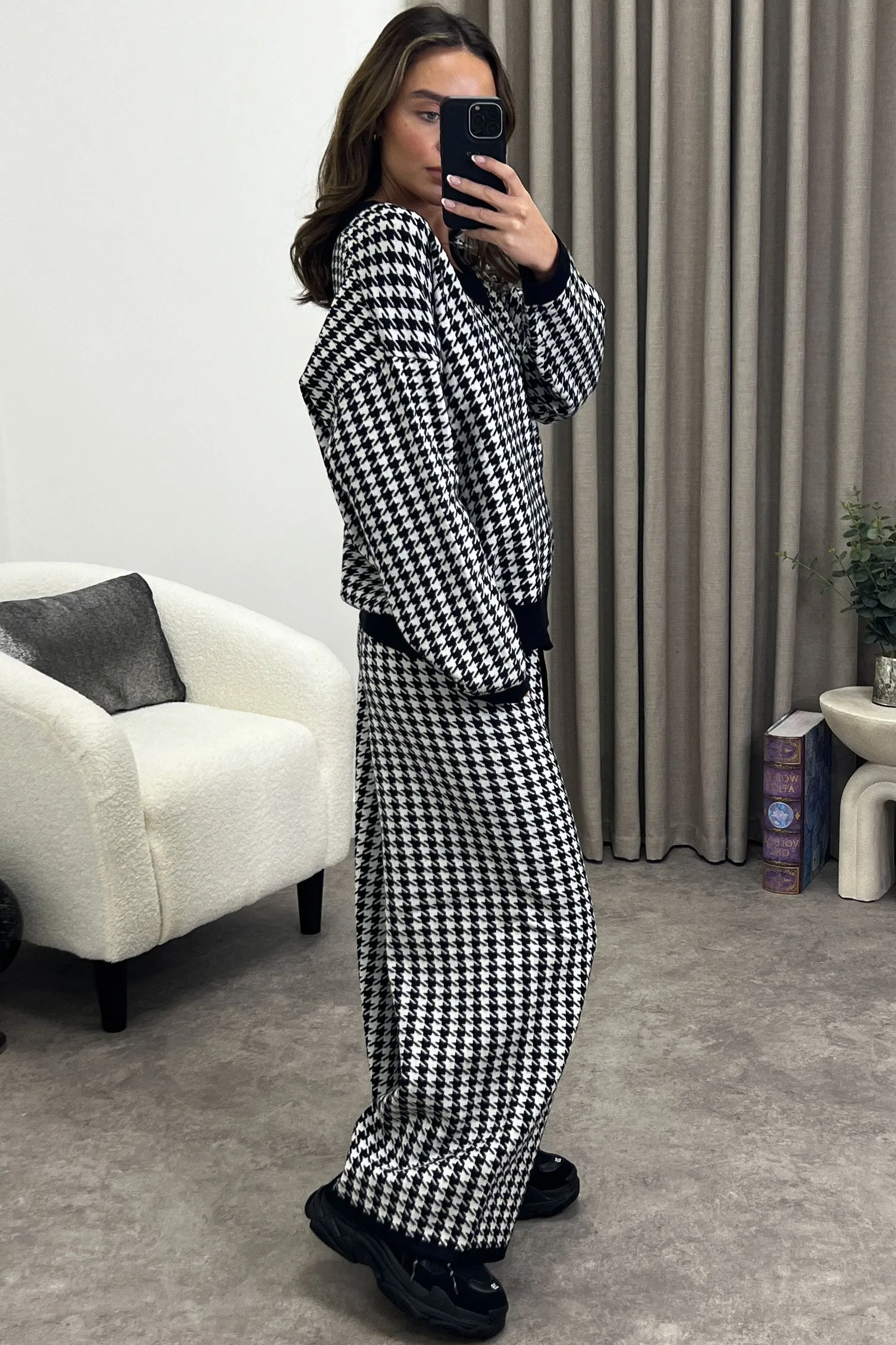 Bobby Black and White Houndstooth Print Oversized Jumper and Trousers Knit Co-Ord Set