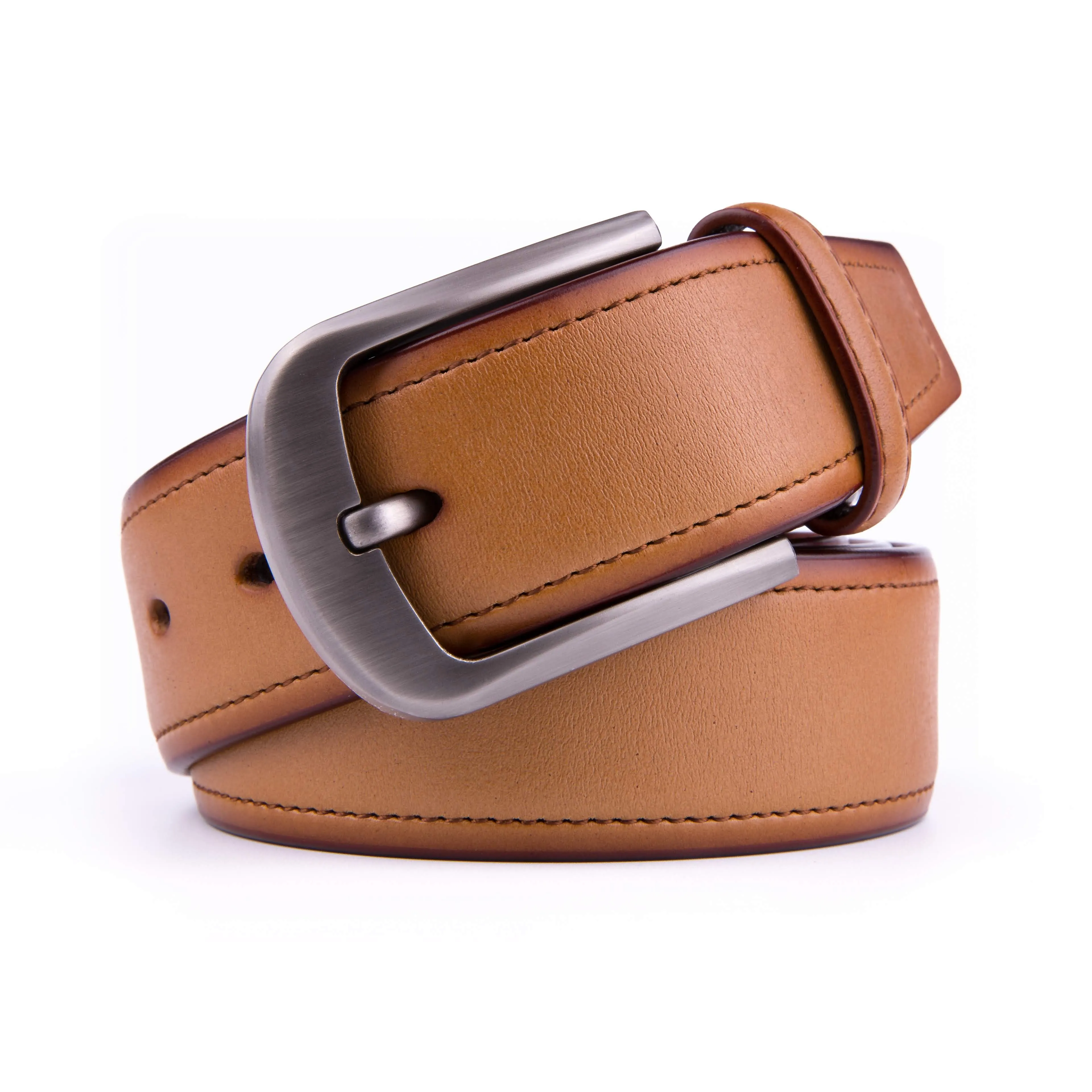 Braveman Men's Classic Genuine Leather Belt with Brushed Silver Buckle