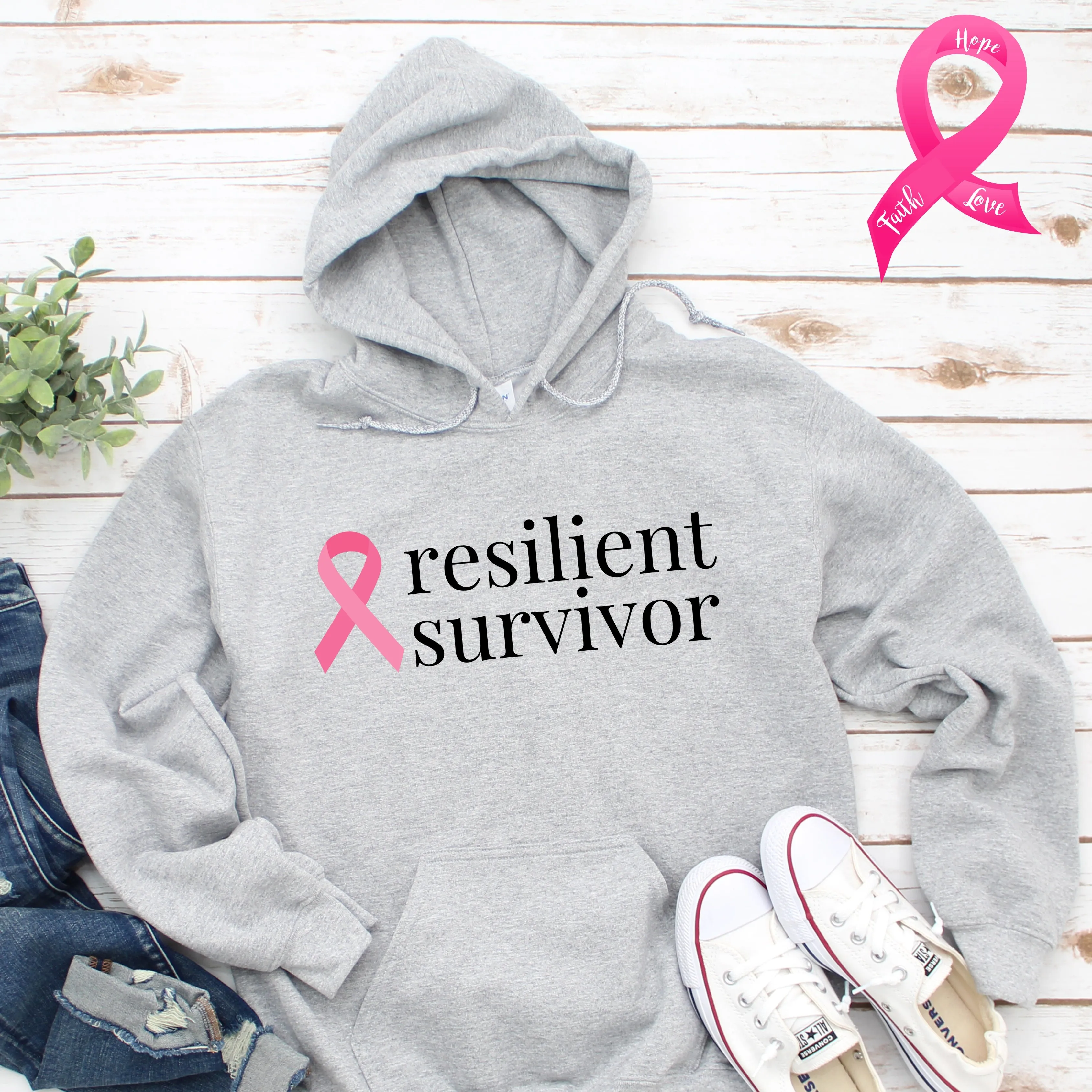 Breast Cancer "resilient survivor" Ribbon Hoodie (Several Colors Available)