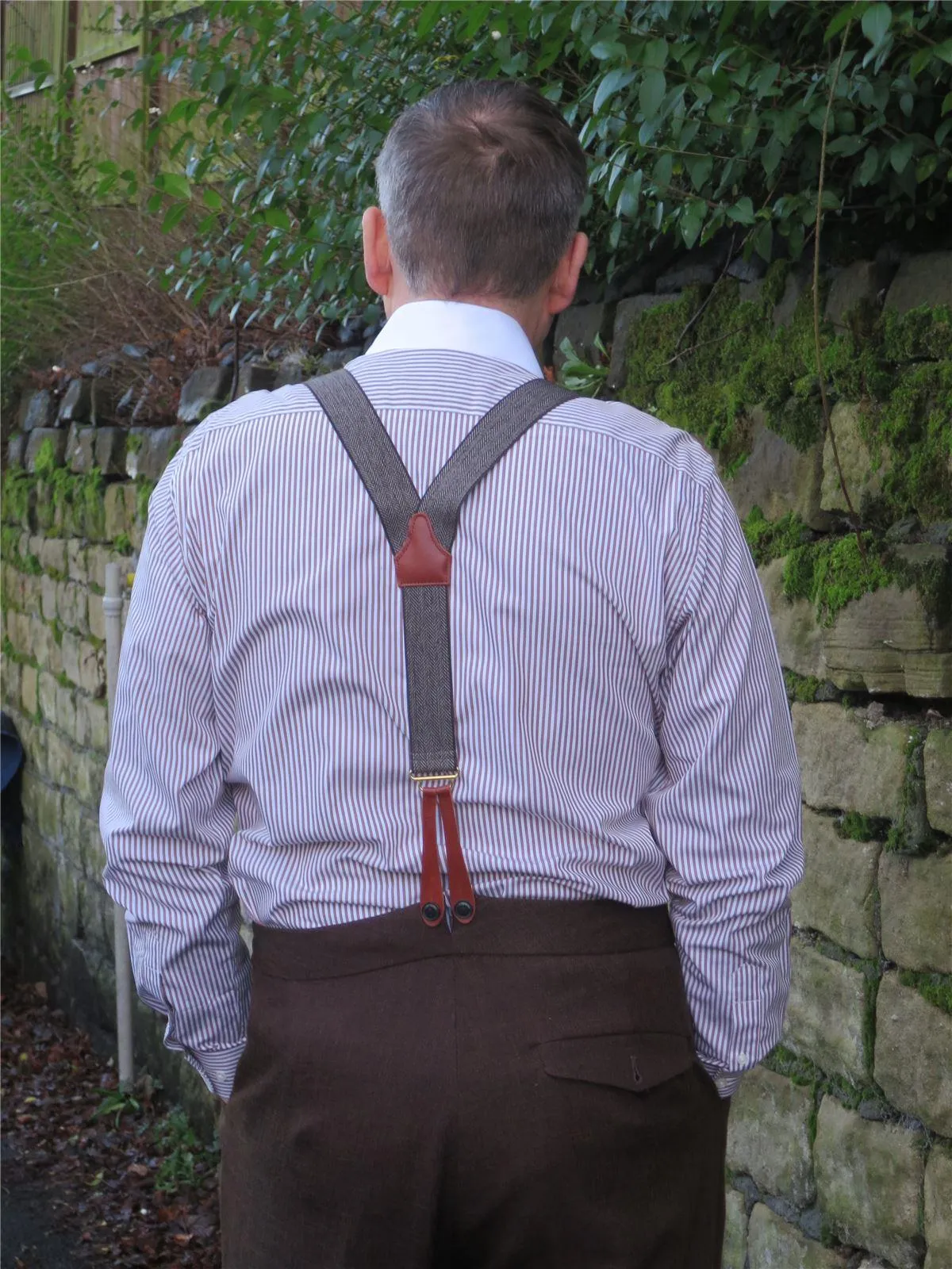 Brown Herringbone 1940s Style Braces with Leather Loops