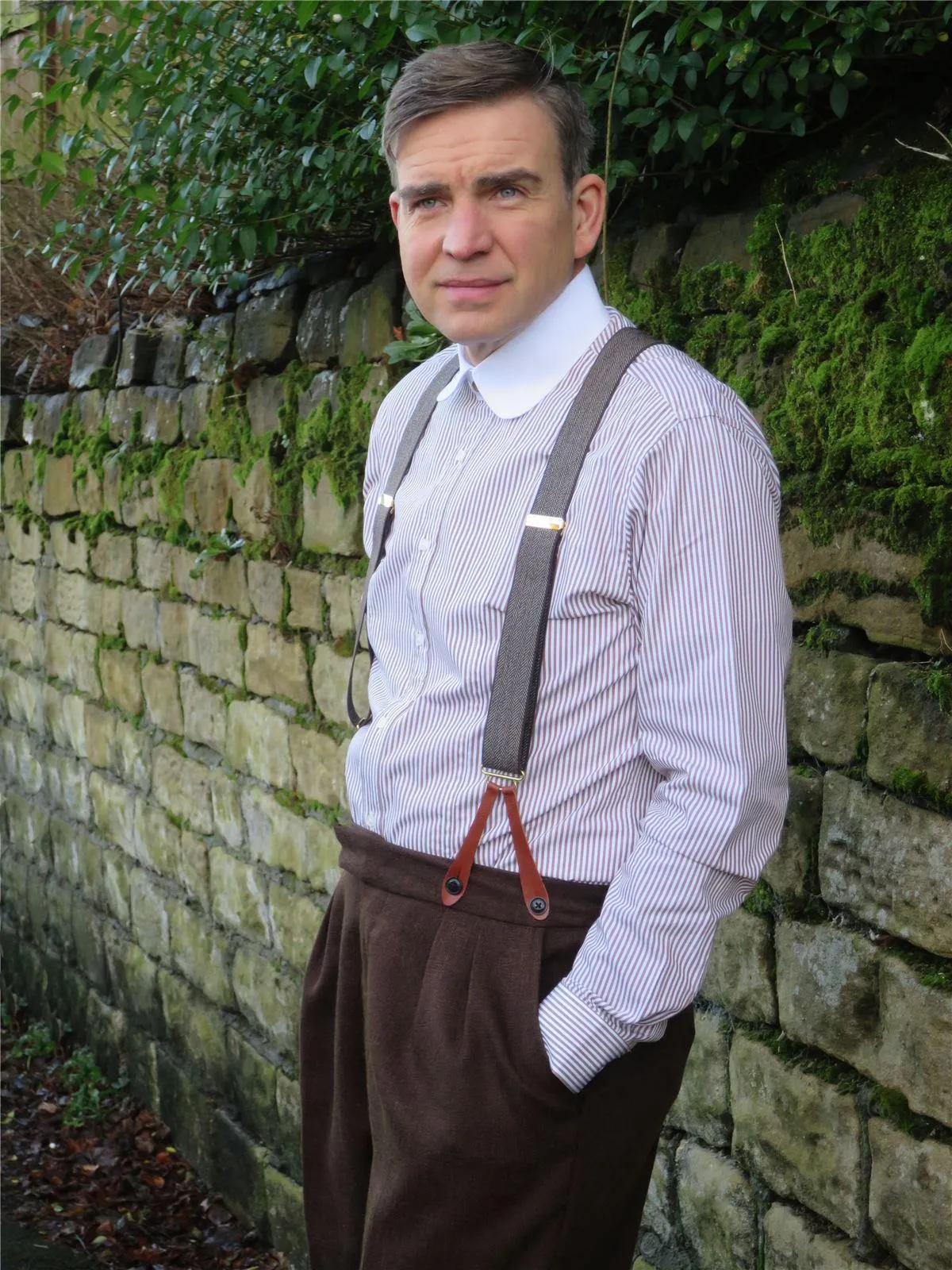 Brown Herringbone 1940s Style Braces with Leather Loops