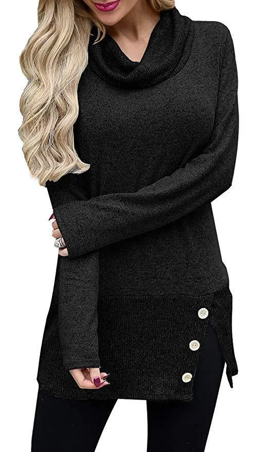 Button-Accent Side-Slit Cowl-Neck Tunic Sweater