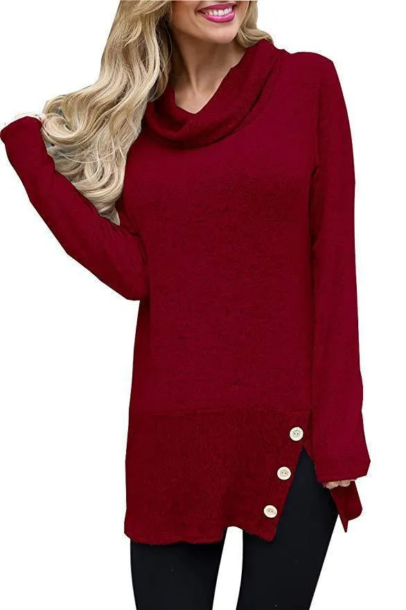 Button-Accent Side-Slit Cowl-Neck Tunic Sweater