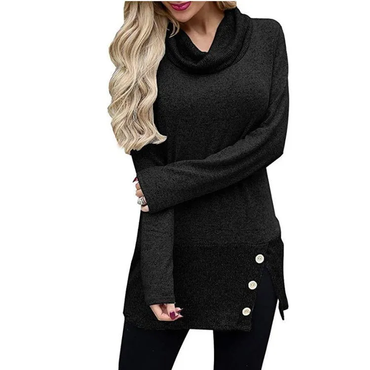 Button-Accent Side-Slit Cowl-Neck Tunic Sweater