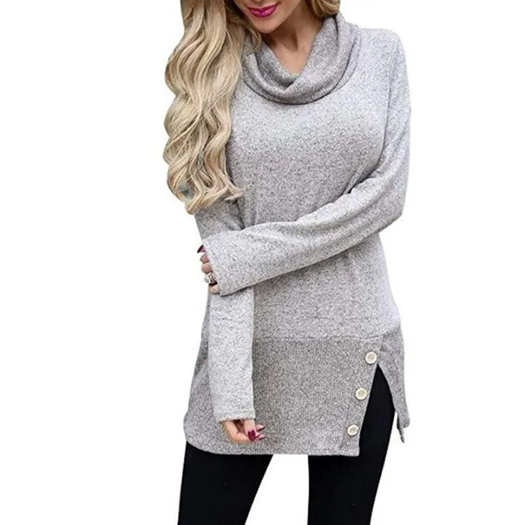 Button-Accent Side-Slit Cowl-Neck Tunic Sweater