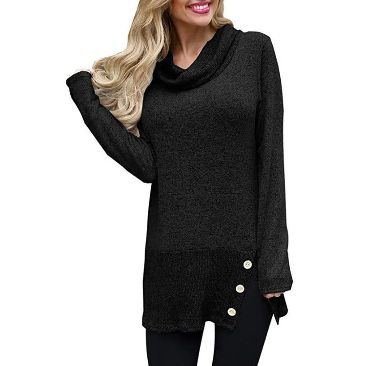 Button-Accent Side-Slit Cowl-Neck Tunic Sweater