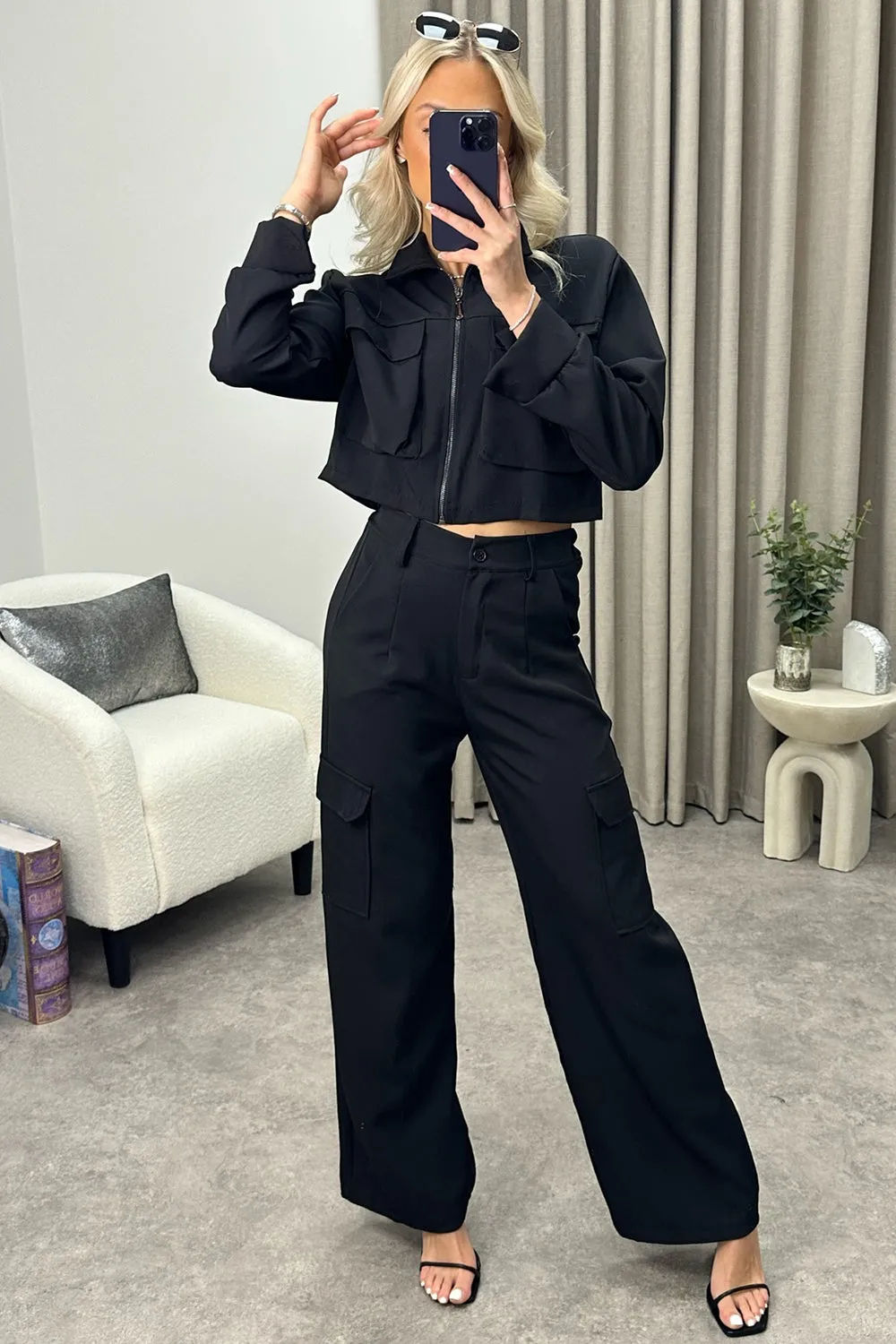 Candela Black Cargo Zip Cropped Jacket and Trousers Co-Ord Set