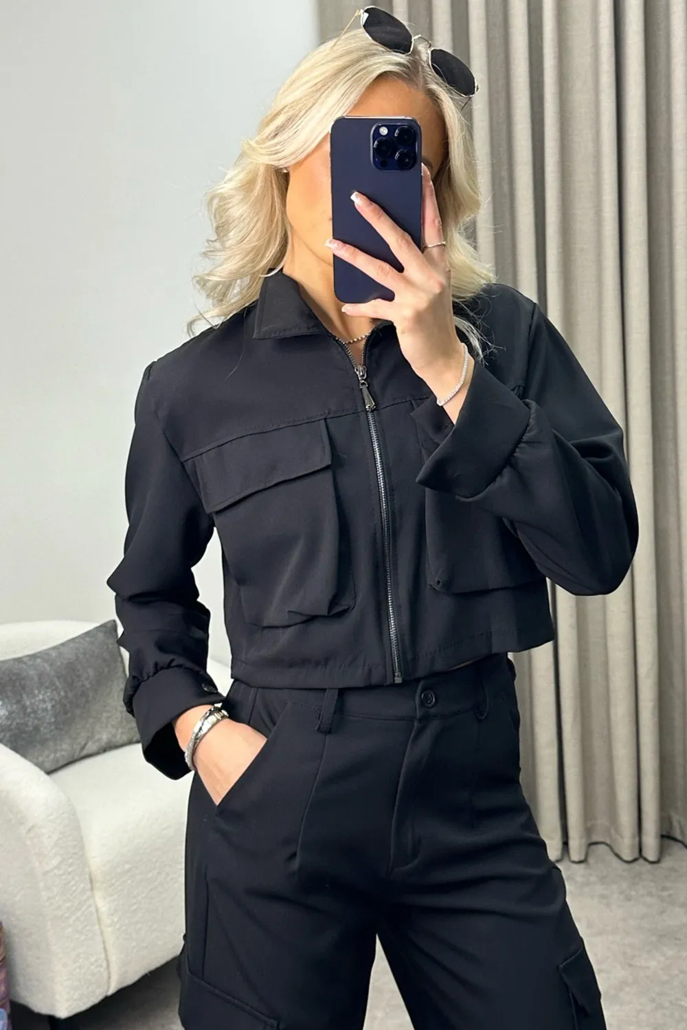 Candela Black Cargo Zip Cropped Jacket and Trousers Co-Ord Set