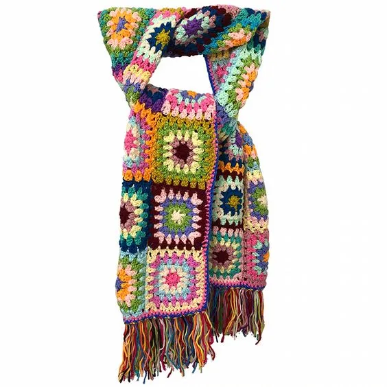 Carnaby Granny Square Scarf Handmade Crochet Winter Muffler Boho Fringed Super Soft Scarves Choose Black White Gray Four Row Or Three Row