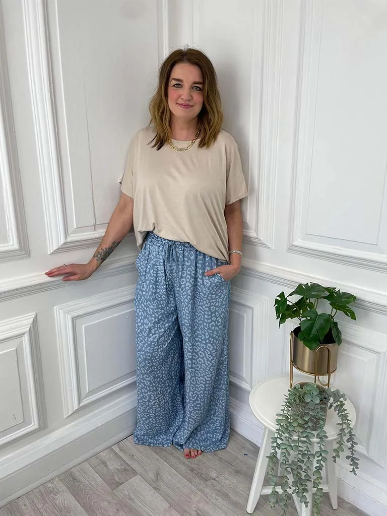 Chambray Leopard Palazzo Trousers - Light Denim