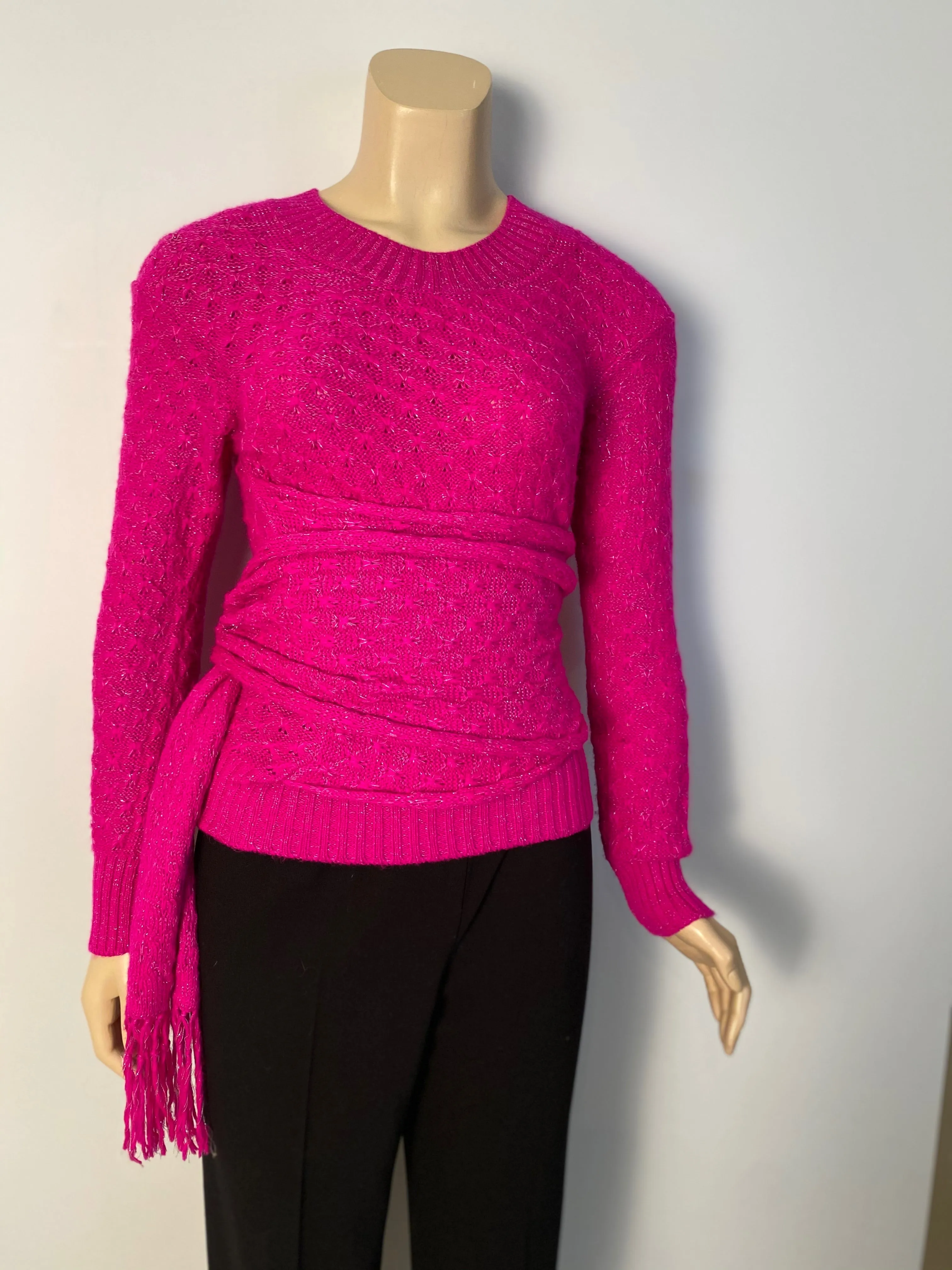 Chanel 2012 Fall 12A Pink Fuchsia Sweater w attached Scarf FR 34