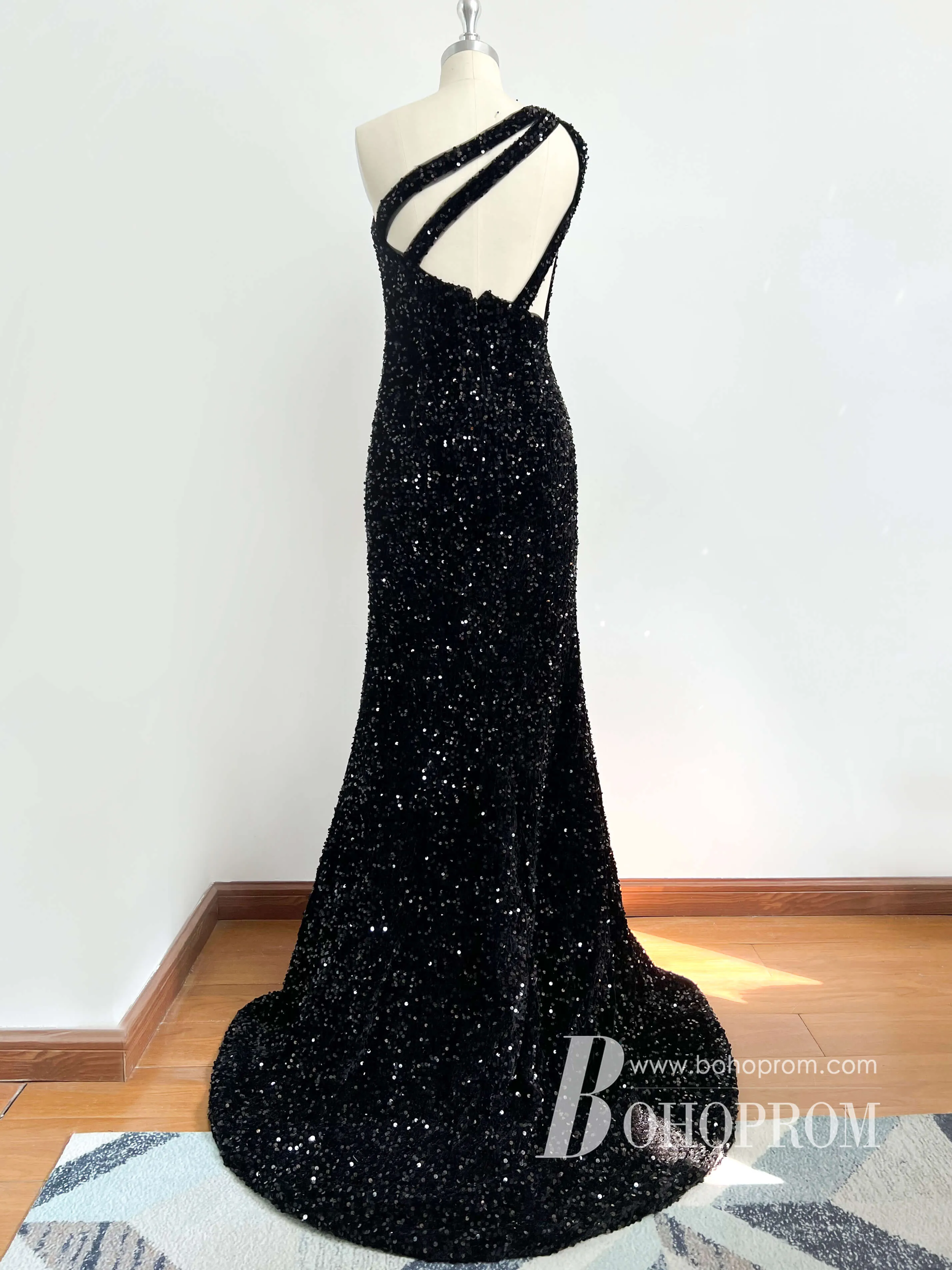 Chic Sequin Lace One Shoulder Sweep Train Mermaid Prom Dresses PD729